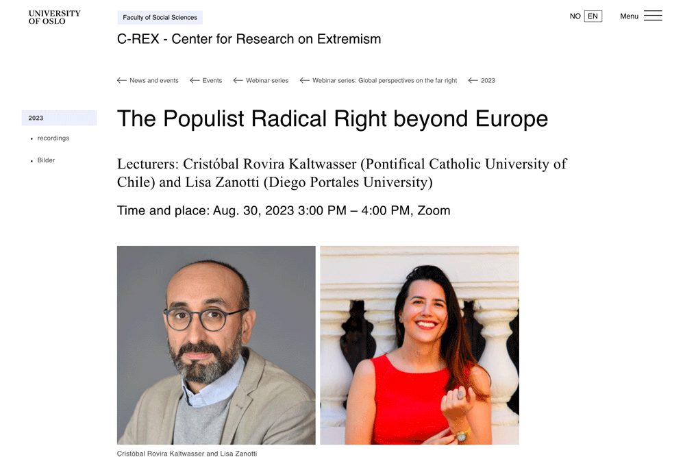 Presentación de número especial sobre la “derecha populista radical más allá de Europa” publicada en Journal of Language and Politics, editado por Cristóbal Rovira Kaltwasser y Lisa Zanotti